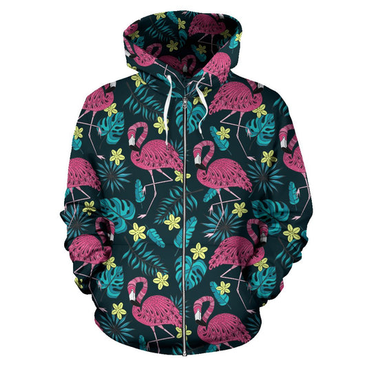 Flamingo Print Pattern All Over Zip Up Hoodie