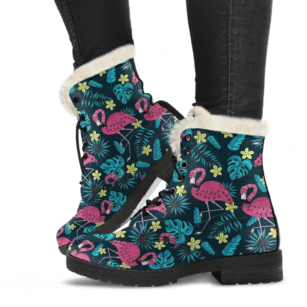 Flamingo Print Pattern Faux Fur Leather Boots