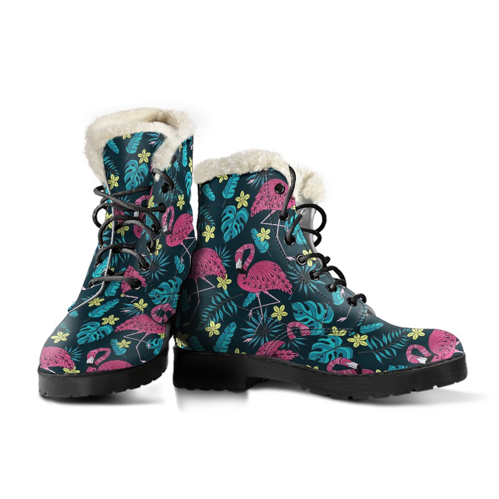 Flamingo Print Pattern Faux Fur Leather Boots