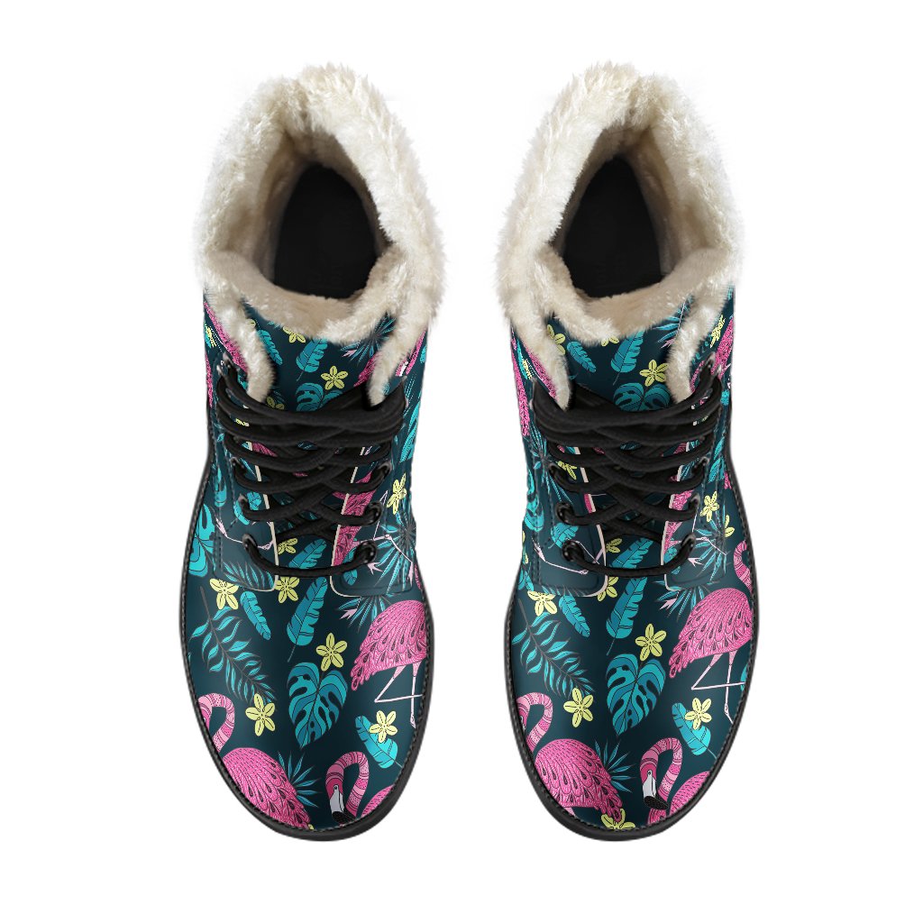 Flamingo Print Pattern Faux Fur Leather Boots