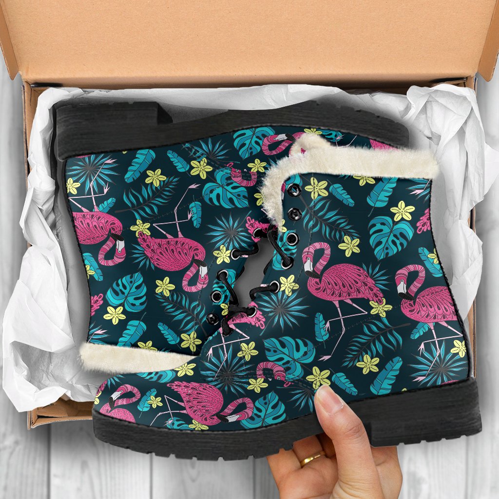 Flamingo Print Pattern Faux Fur Leather Boots