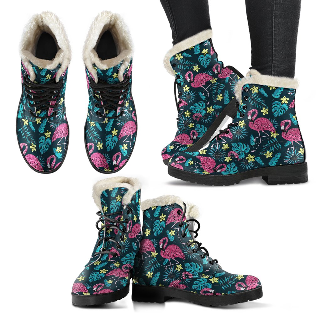 Flamingo Print Pattern Faux Fur Leather Boots