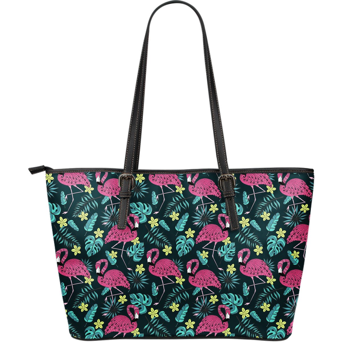 Flamingo Print Pattern Large Leather Tote Bag