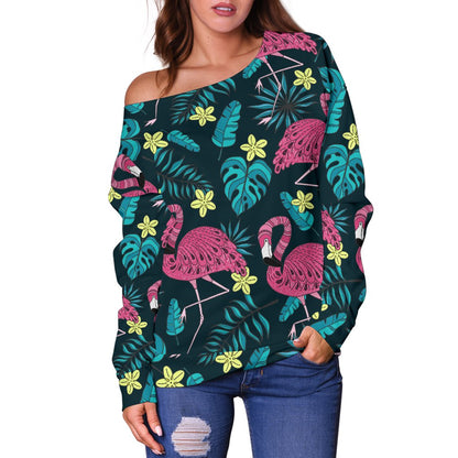 Flamingo Print Pattern Off Shoulder Sweatshirt
