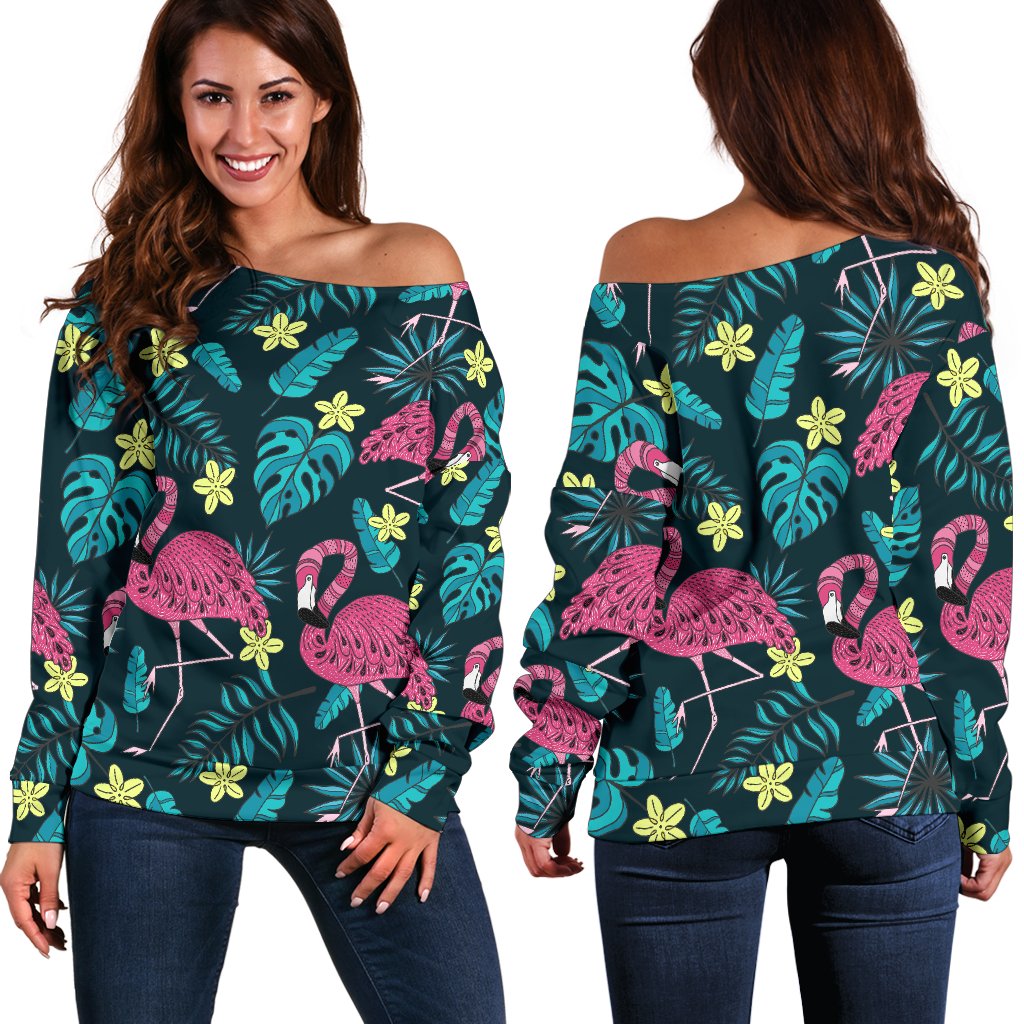 Flamingo Print Pattern Off Shoulder Sweatshirt