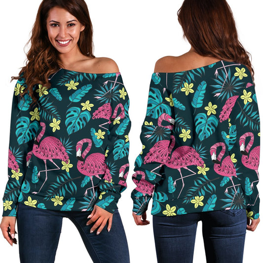 Flamingo Print Pattern Off Shoulder Sweatshirt