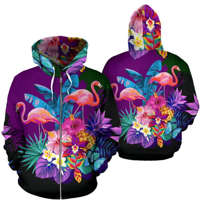 Flamingo Tropical Flower All Over Zip Up Hoodie