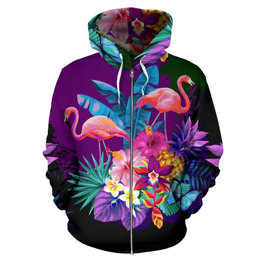 Flamingo Tropical Flower All Over Zip Up Hoodie