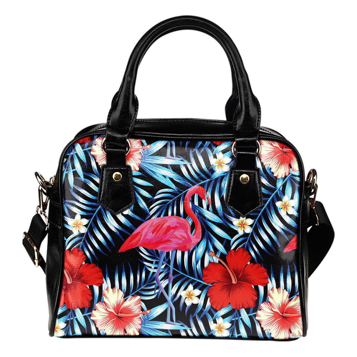 Flamingo Red Hibiscus Leather Shoulder Handbag