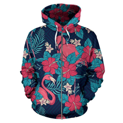 Flamingo Red Hibiscus Pattern All Over Zip Up Hoodie