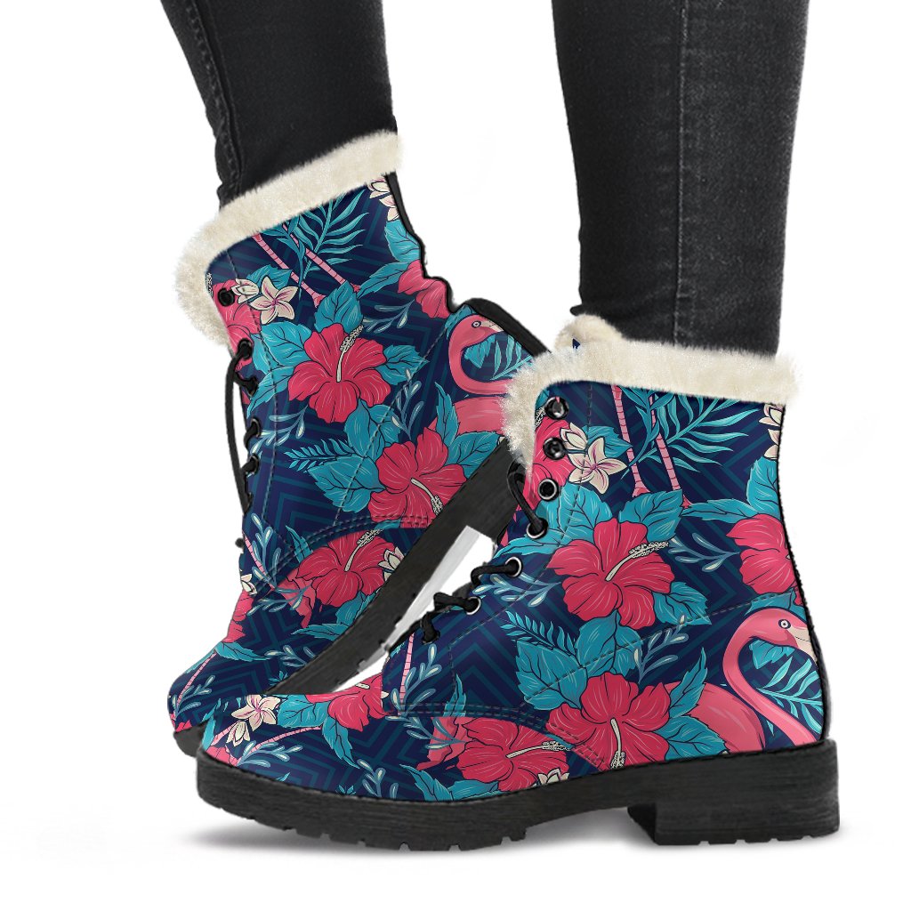 Flamingo Red Hibiscus Pattern Faux Fur Leather Boots