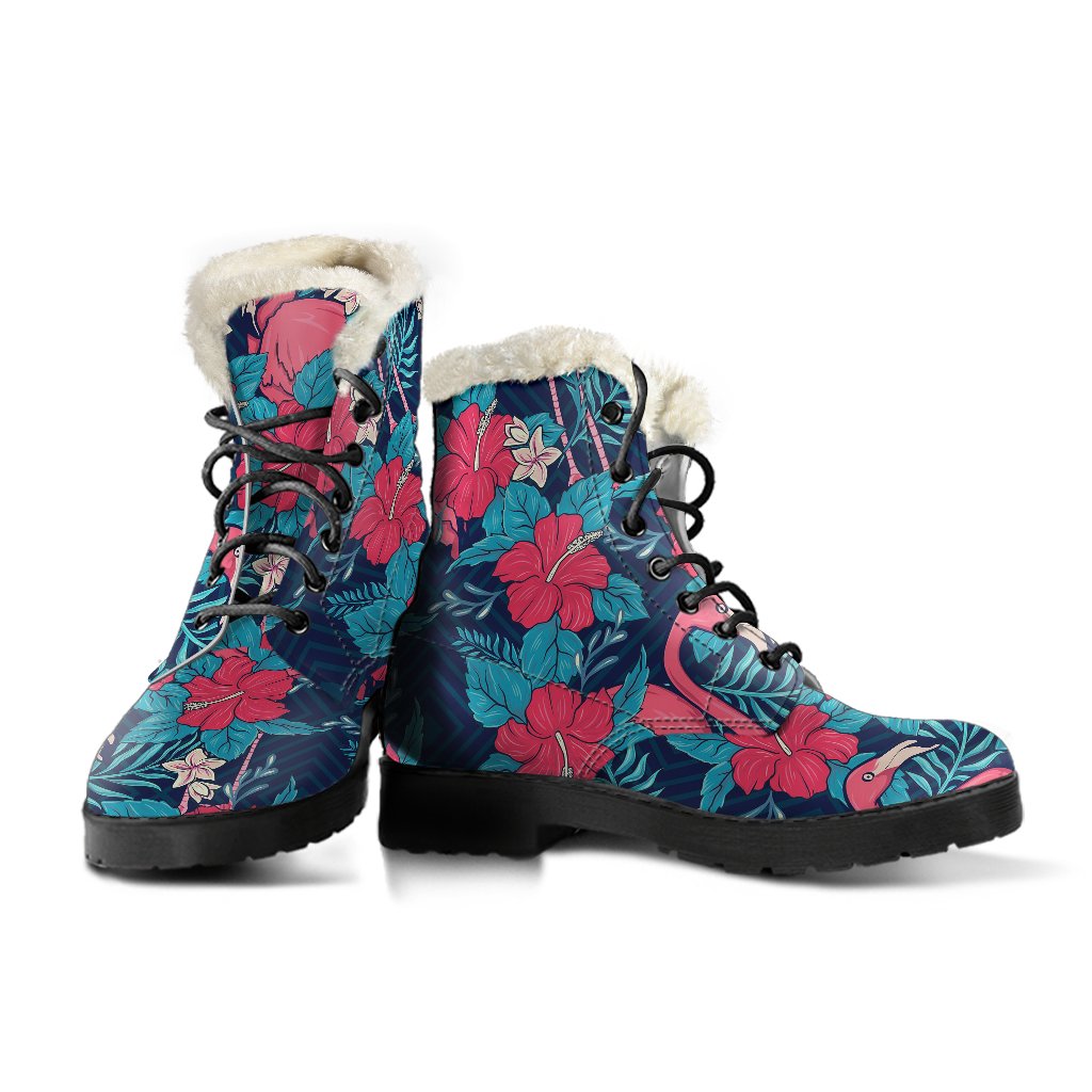 Flamingo Red Hibiscus Pattern Faux Fur Leather Boots