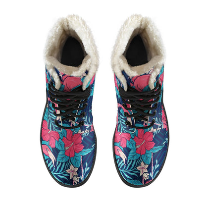 Flamingo Red Hibiscus Pattern Faux Fur Leather Boots