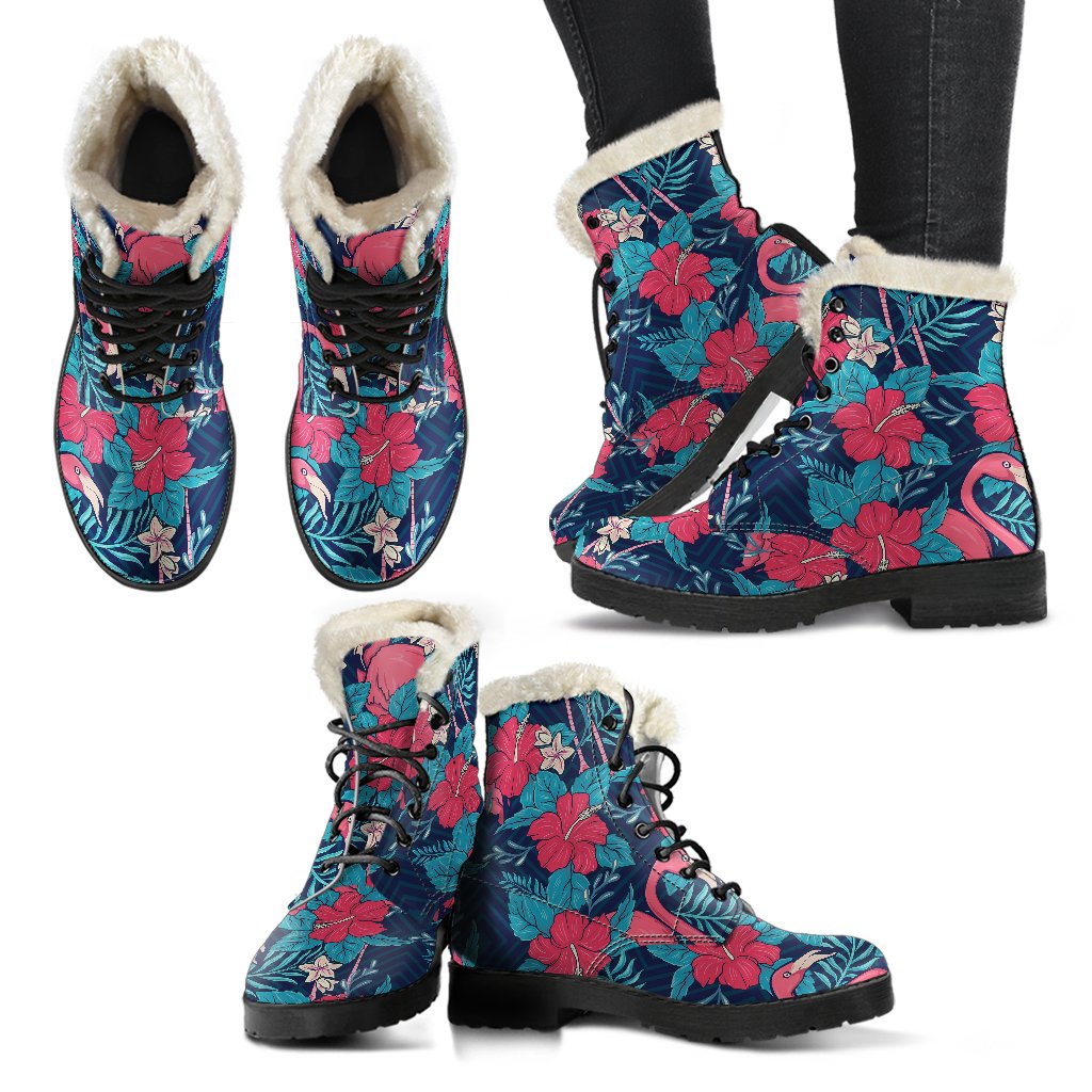 Flamingo Red Hibiscus Pattern Faux Fur Leather Boots
