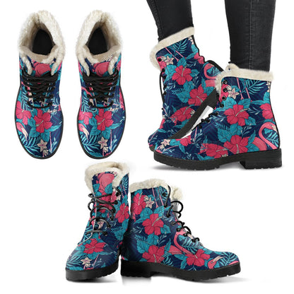 Flamingo Red Hibiscus Pattern Faux Fur Leather Boots