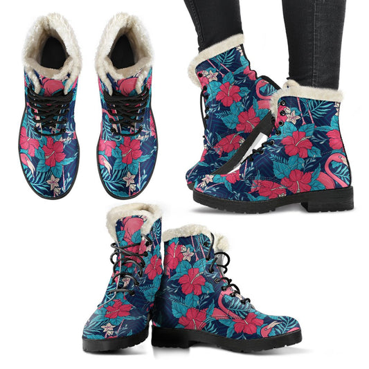 Flamingo Red Hibiscus Pattern Faux Fur Leather Boots