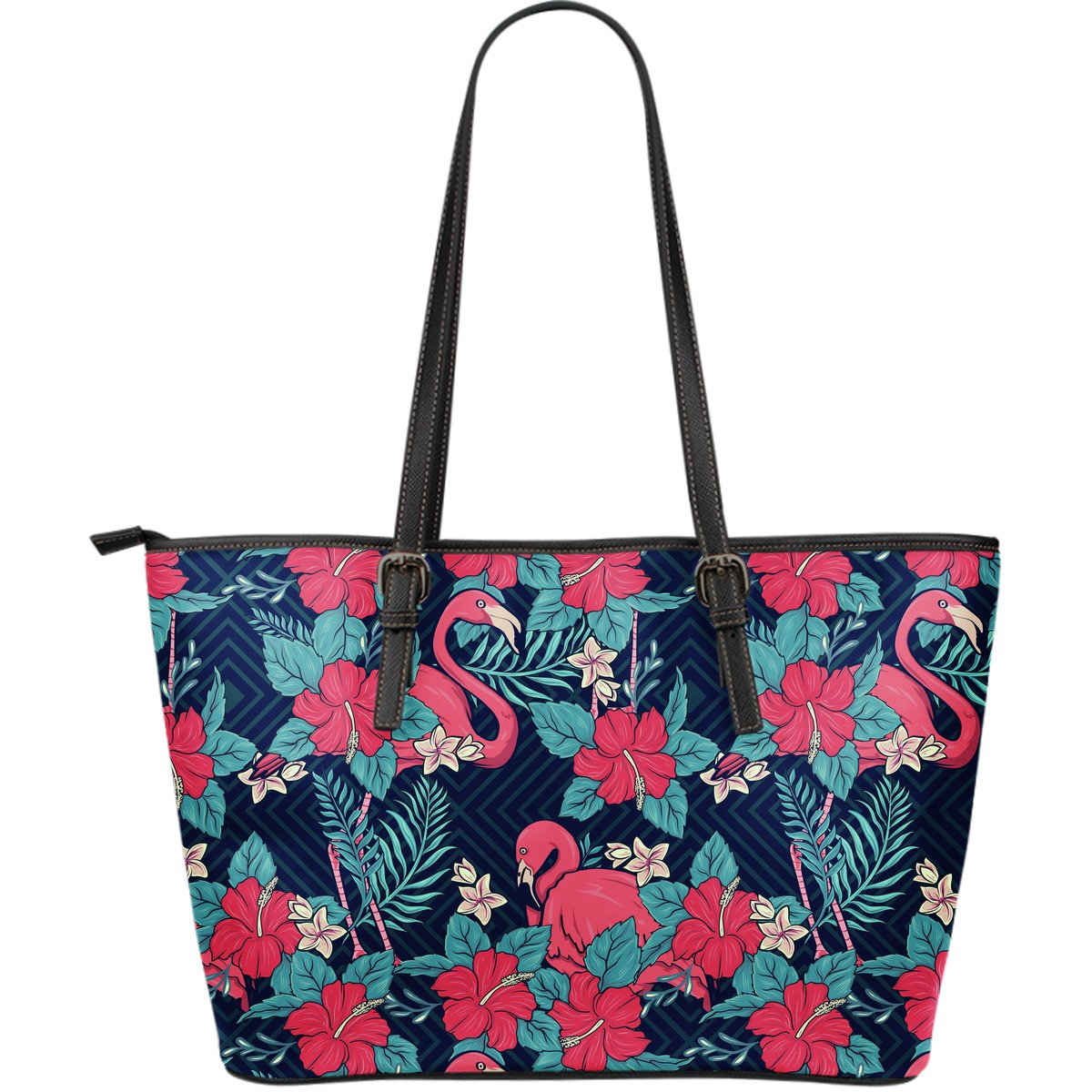 Flamingo Red Hibiscus Pattern Large Leather Tote Bag