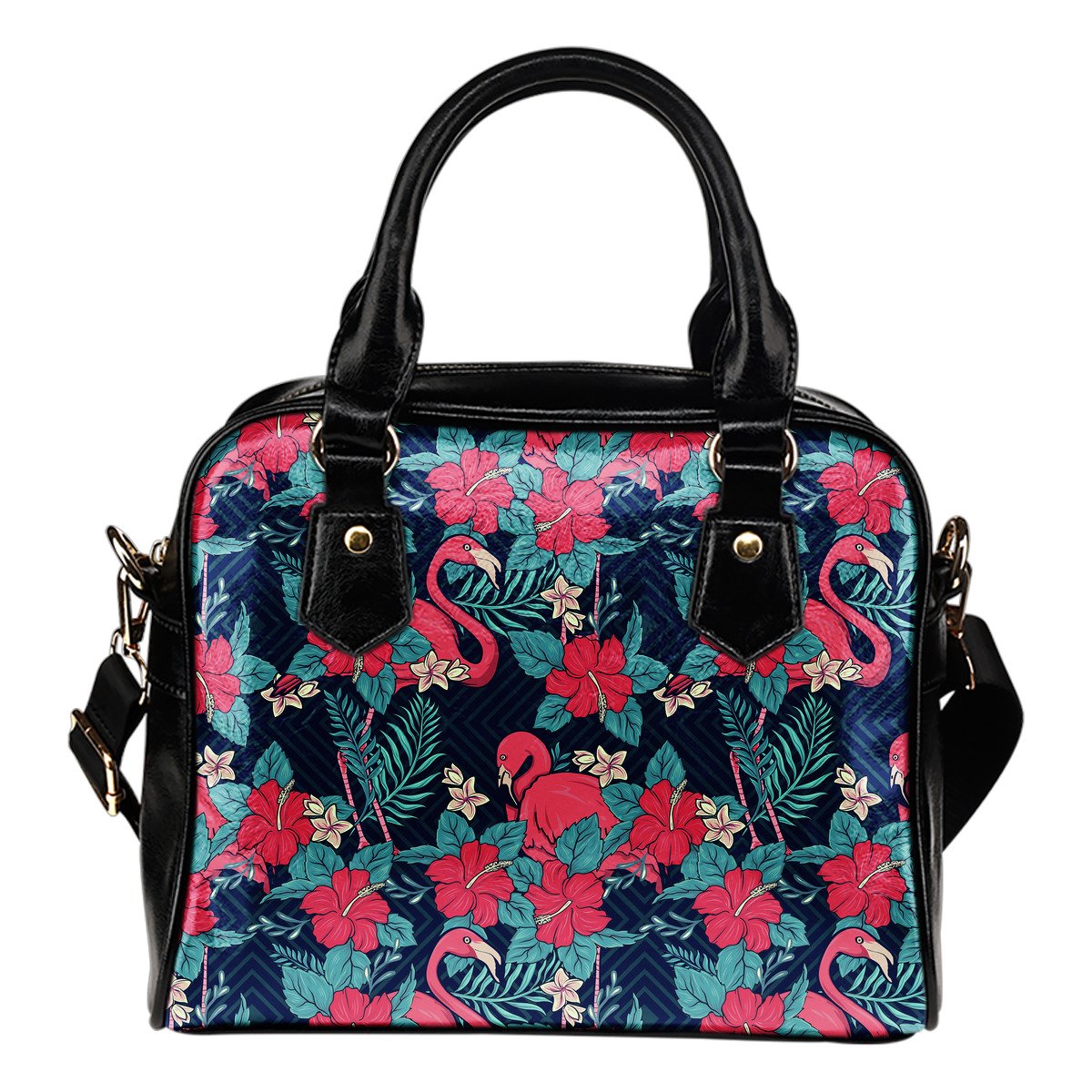 Flamingo Red Hibiscus Pattern Leather Shoulder Handbag