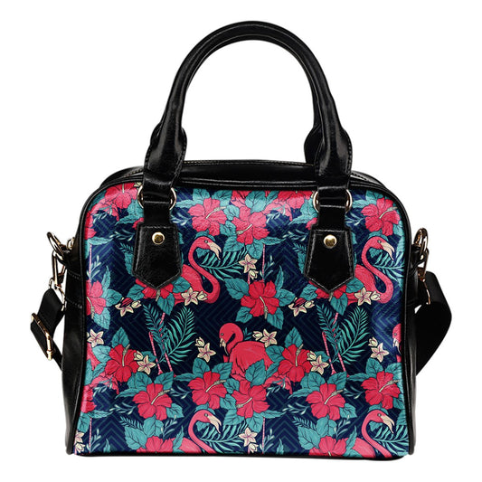 Flamingo Red Hibiscus Pattern Leather Shoulder Handbag