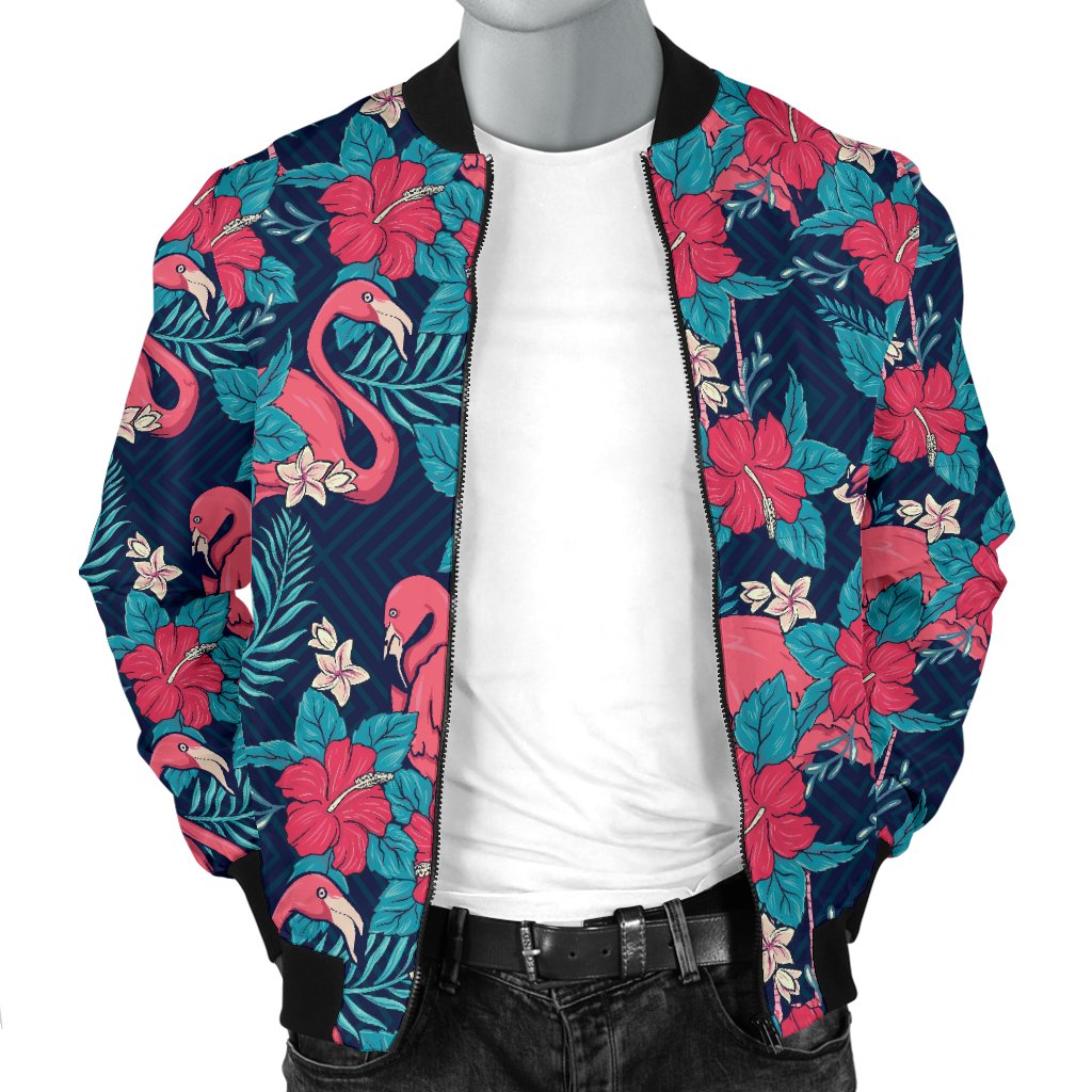 Flamingo Red Hibiscus Pattern Men Casual Bomber Jacket