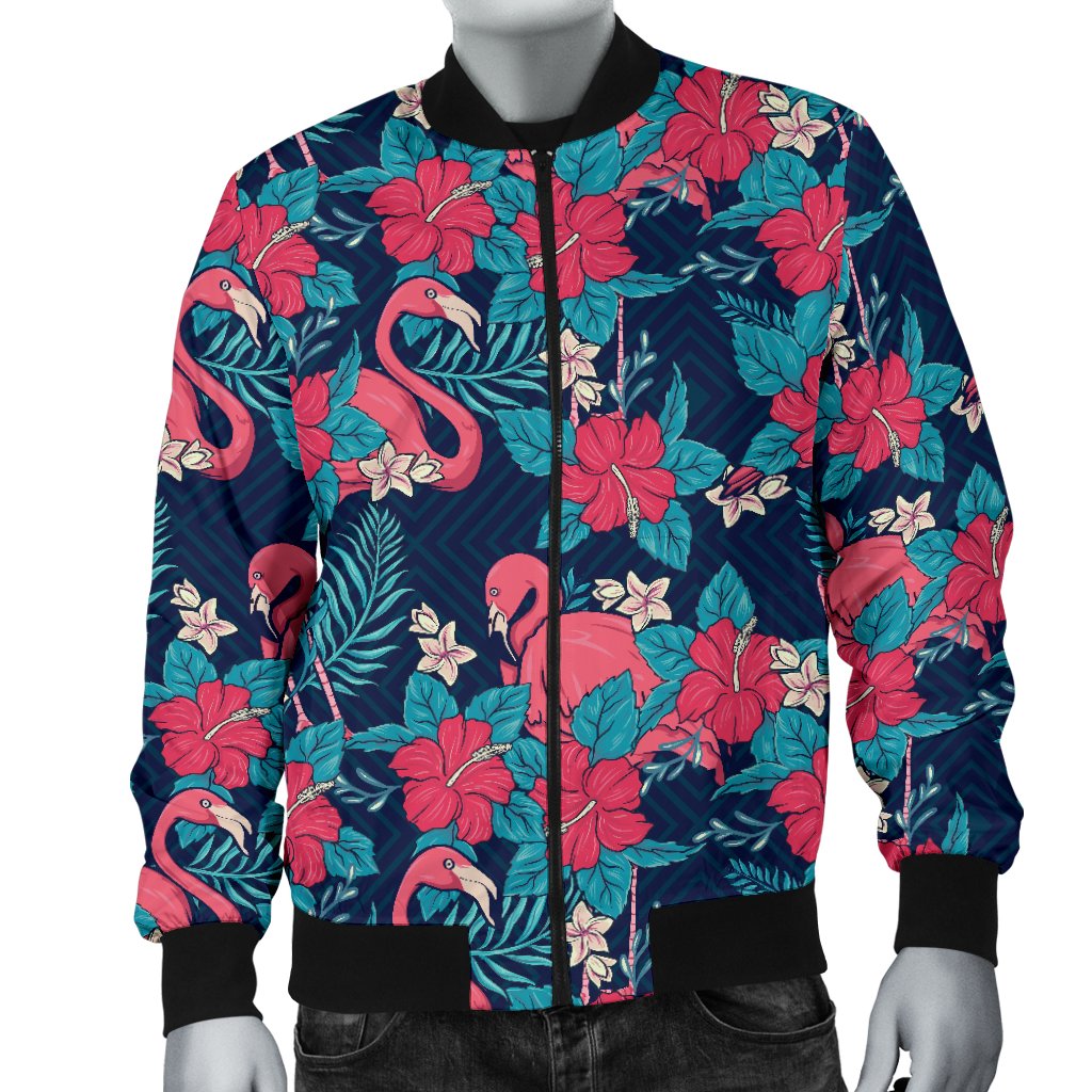 Flamingo Red Hibiscus Pattern Men Casual Bomber Jacket