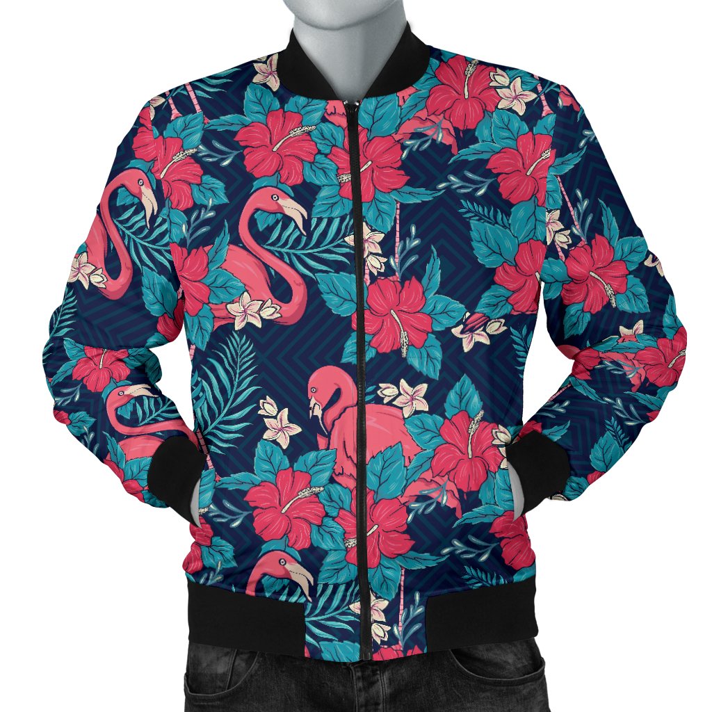 Flamingo Red Hibiscus Pattern Men Casual Bomber Jacket