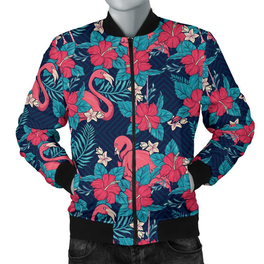 Flamingo Red Hibiscus Pattern Men Casual Bomber Jacket