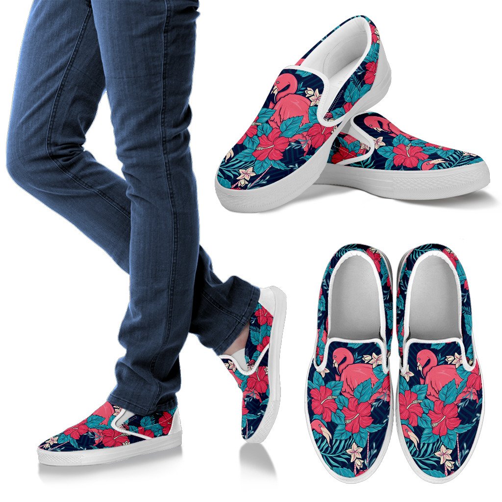 Flamingo Red Hibiscus Pattern Men Slip On Shoes
