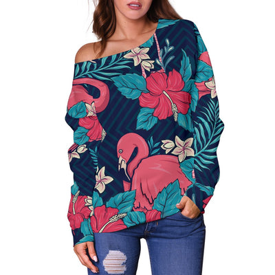 Flamingo Red Hibiscus Pattern Off Shoulder Sweatshirt