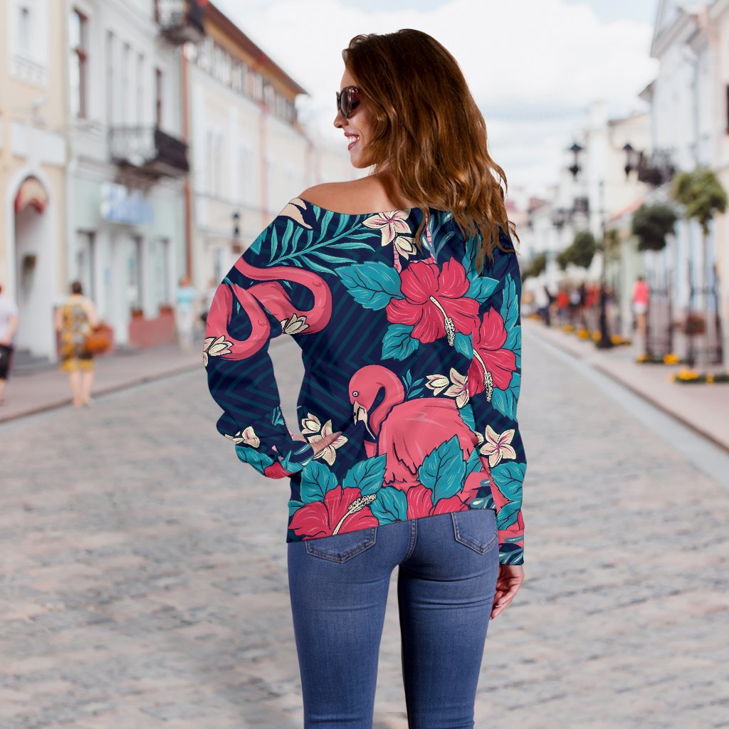 Flamingo Red Hibiscus Pattern Off Shoulder Sweatshirt