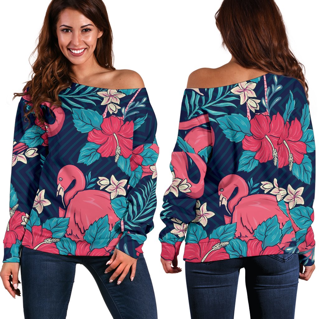 Flamingo Red Hibiscus Pattern Off Shoulder Sweatshirt