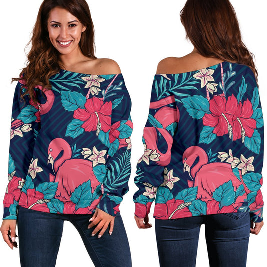 Flamingo Red Hibiscus Pattern Off Shoulder Sweatshirt
