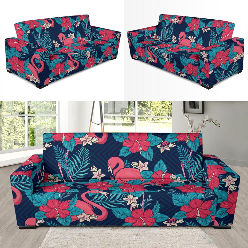 Flamingo Red Hibiscus Pattern Sofa Slipcover-JORJUNE.COM