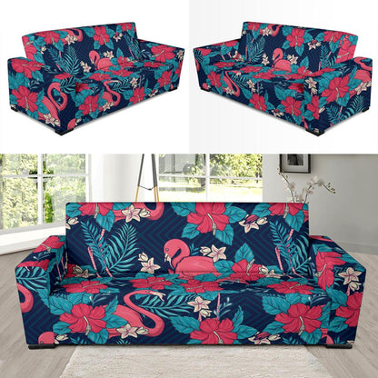 Flamingo Red Hibiscus Pattern Sofa Slipcover-JORJUNE.COM