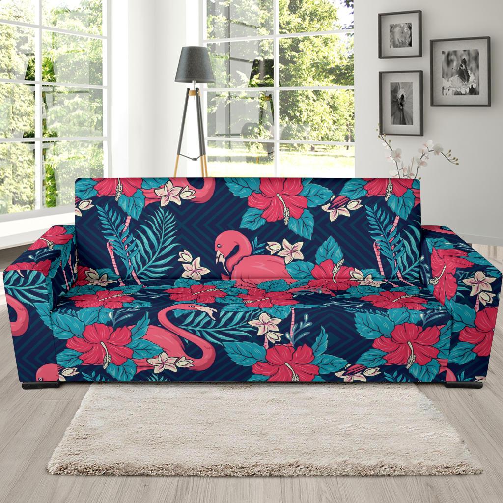 Flamingo Red Hibiscus Pattern Sofa Slipcover-JORJUNE.COM