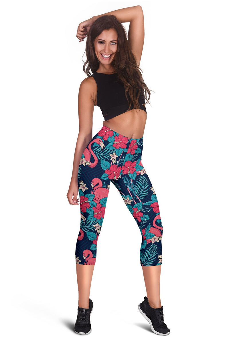 Flamingo Red Hibiscus Pattern Women Capris