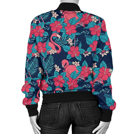 Flamingo Red Hibiscus Pattern Women Casual Bomber Jacket