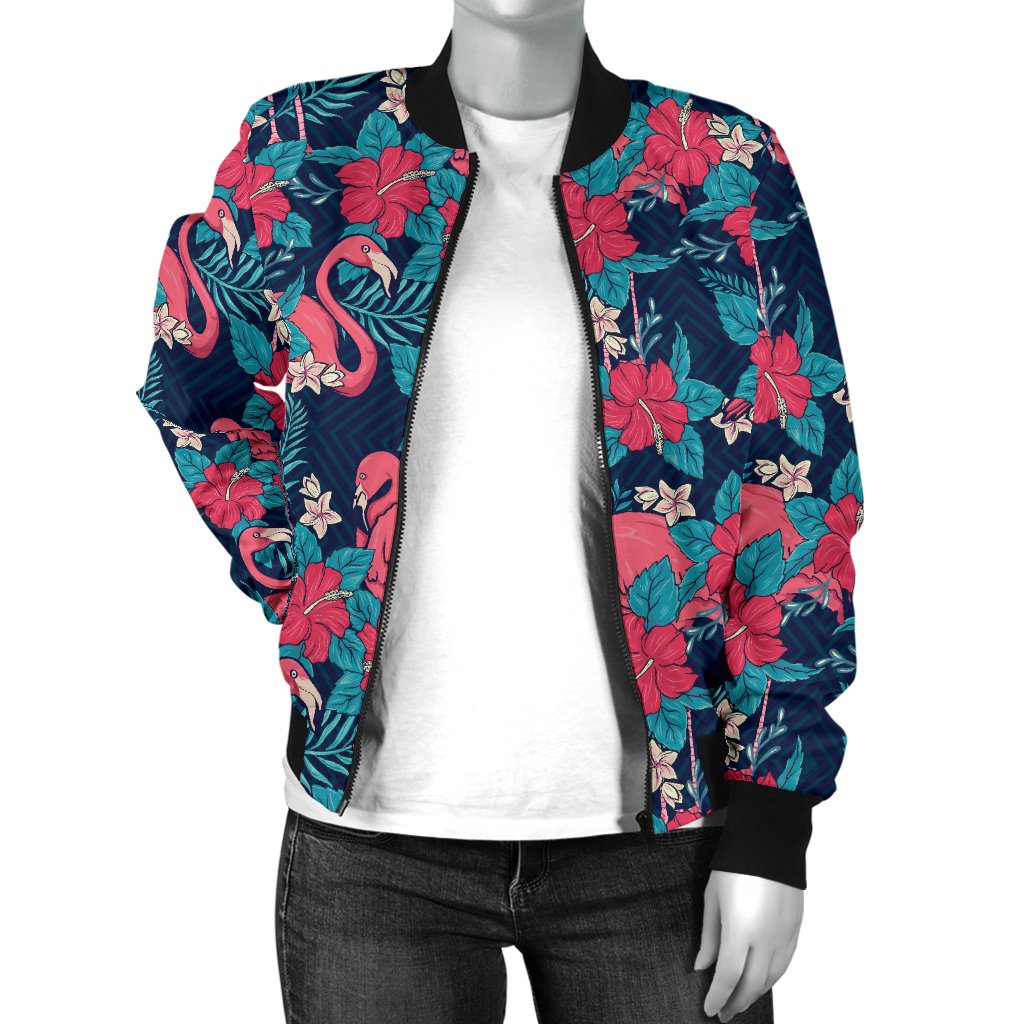 Flamingo Red Hibiscus Pattern Women Casual Bomber Jacket