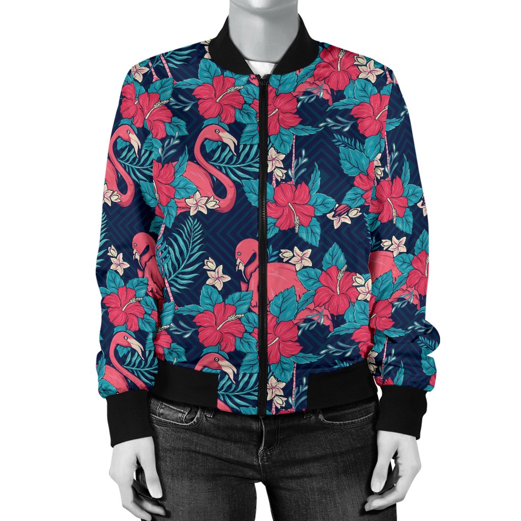 Flamingo Red Hibiscus Pattern Women Casual Bomber Jacket