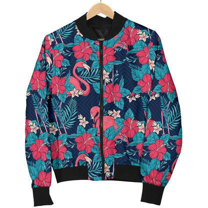 Flamingo Red Hibiscus Pattern Women Casual Bomber Jacket