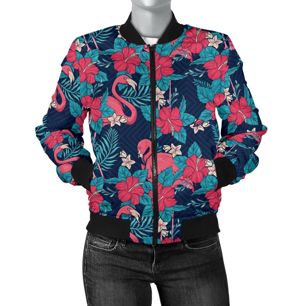 Flamingo Red Hibiscus Pattern Women Casual Bomber Jacket