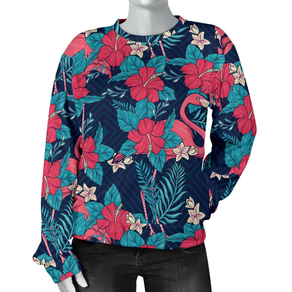 Flamingo Red Hibiscus Pattern Women Crewneck Sweatshirt