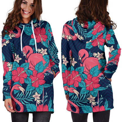 Flamingo Red Hibiscus Pattern Women Hoodie Dress