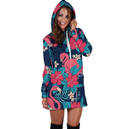 Flamingo Red Hibiscus Pattern Women Hoodie Dress
