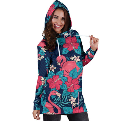 Flamingo Red Hibiscus Pattern Women Hoodie Dress