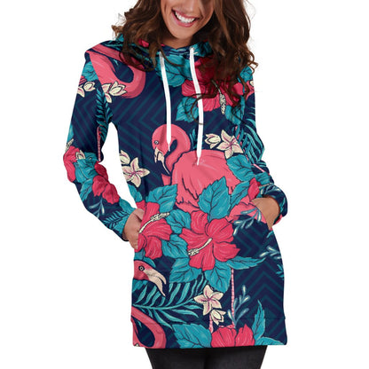 Flamingo Red Hibiscus Pattern Women Hoodie Dress