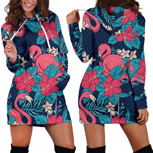 Flamingo Red Hibiscus Pattern Women Hoodie Dress