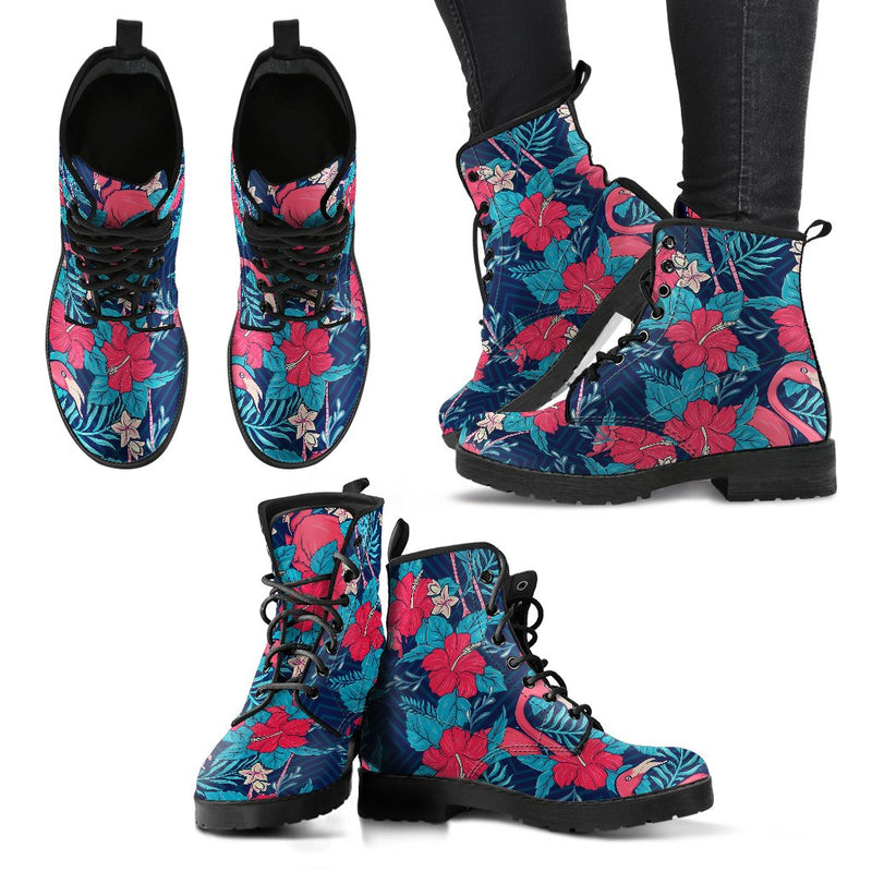 Flamingo Red Hibiscus Pattern Women Leather Boots