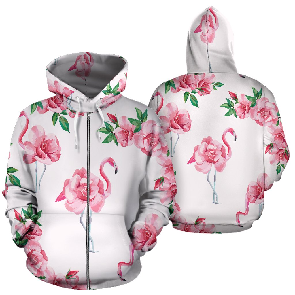 Flamingo Rose Pattern All Over Zip Up Hoodie