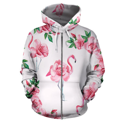 Flamingo Rose Pattern All Over Zip Up Hoodie